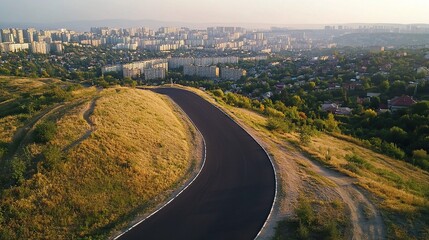Obraz premium Panoramic View of Empty Asphalt Road on Hilltop with Cityscape