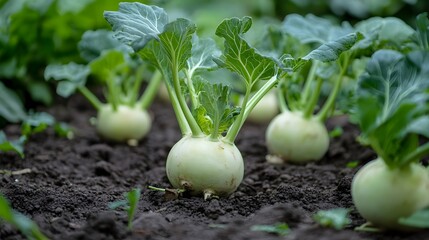 Kohlrabi plants growing outside