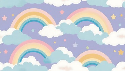 Pastel Rainbows Clouds and Stars Seamless Pattern