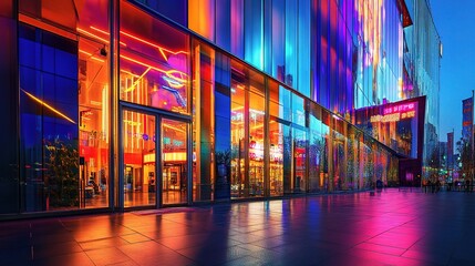 Fototapeta premium Vibrant Cityscape at Night with Neon Lights Reflecting on Surface