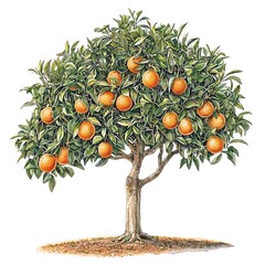 A watercolor painting of a vibrant orange tree laden with ripe oranges, isolated on a white background.