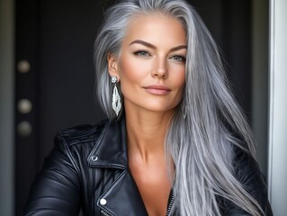 Fototapeta premium A woman with long gray hair wearing a black leather jacket