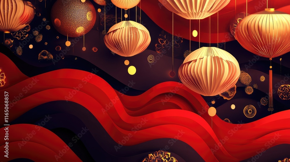 Aufkleber abstract surreal chinese new year patterns with layered geometric forms and glowing gold details.