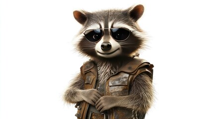 Obraz premium A cool raccoon wearing sunglasses and a leather vest, isolated on white background.