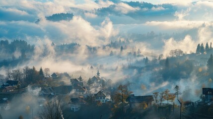 A serene landscape shrouded in mist, showcasing a tranquil village amidst rolling hills.