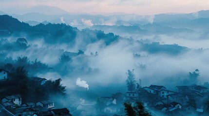 Fototapeta premium Misty landscape with houses nestled in mountains, creating a serene atmosphere.