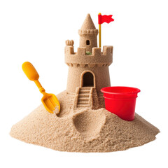 Small Sandcastle with Bucket and Spade on White Background