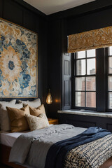 Bedroom Interior with Gray Bedding, Abstract Artwork, and Mustard Accents
