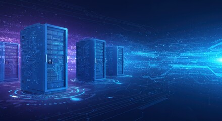Futuristic data center with digital interface and blue technology glow