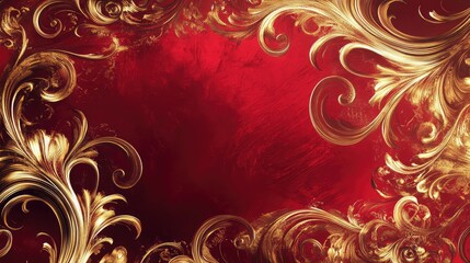 Abstract swirling golden elements forming an elegant ornament on a rich, deep red backdrop.