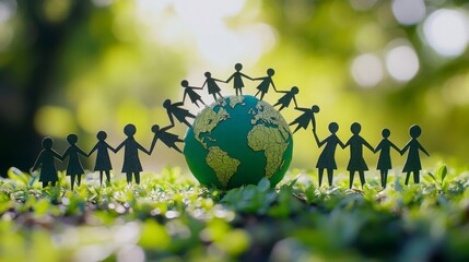 A creative representation of a diverse group of people holding hands around a globe, symbolizing unity and environmental consciousness.