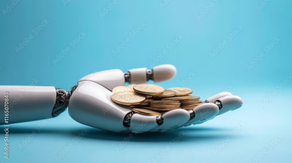 Poster a robotic hand holds a pile of coins against a blue background, symbolizing the intersection of tech