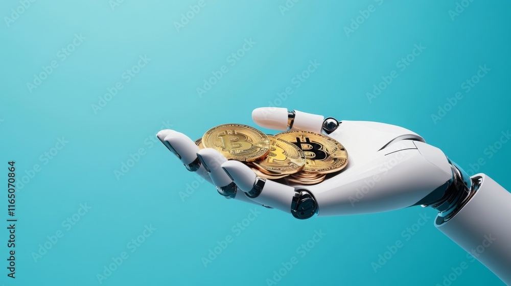 Poster a robotic hand holds several gold coins, symbolizing the intersection of technology and finance in a