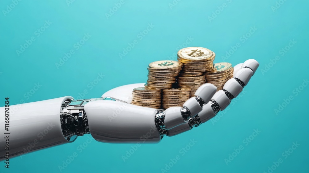 Poster a robotic hand holds a stack of coins, symbolizing the intersection of technology and finance.