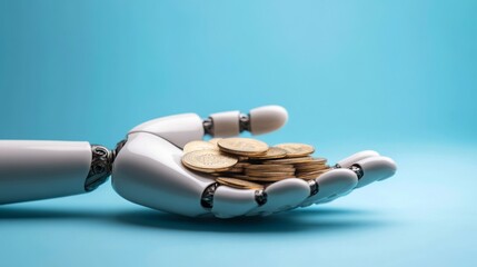 A robotic hand holds a pile of coins against a blue background, symbolizing the intersection of technology and finance.