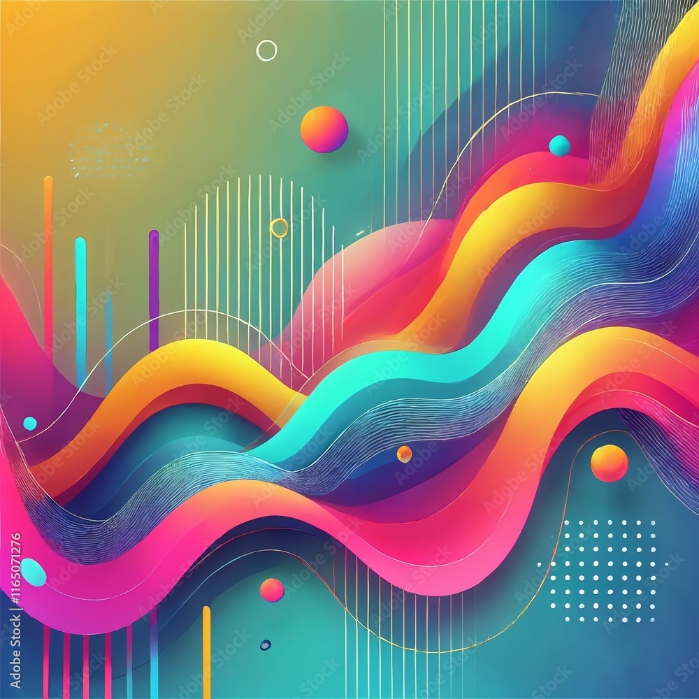 Poster abstract colorful waves and shapes in vibrant hues with geometric patterns and copy space