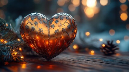 Rustic heart-shaped ornament on a wooden table, featuring soft lighting, ideal for romantic home décor or intimate gatherings