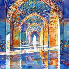 Obraz premium Vibrant Watercolor Painting of a Colorful Archway in a Mosque, Evoking a Sense of Serenity and Spirituality.
