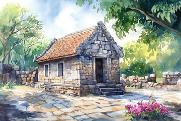 Fototapeta premium Watercolor Painting of an Ancient Stone Structure Nestled Amidst Lush Greenery.
