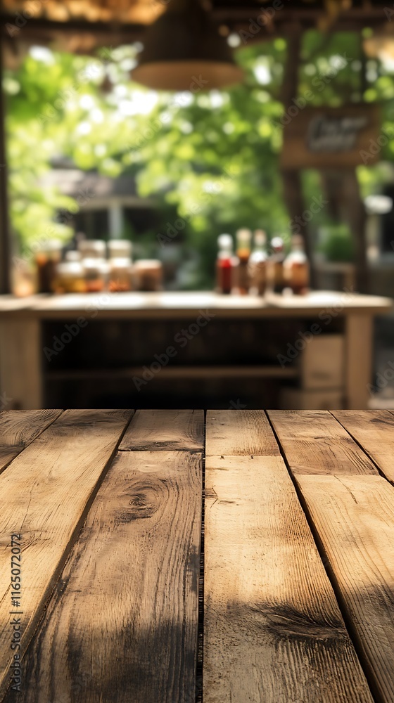 Poster empty wooden table and coffee shop blur background with bokeh image.