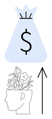 Money bag symbol above a head with flowers growing out and an upward arrow. Ideal for financial growth, investment, personal development, success, creativity, prosperity, motivation. Line metaphor