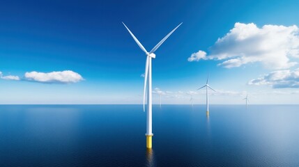 Aerial view of offshore wind turbines in a clear blue sea.