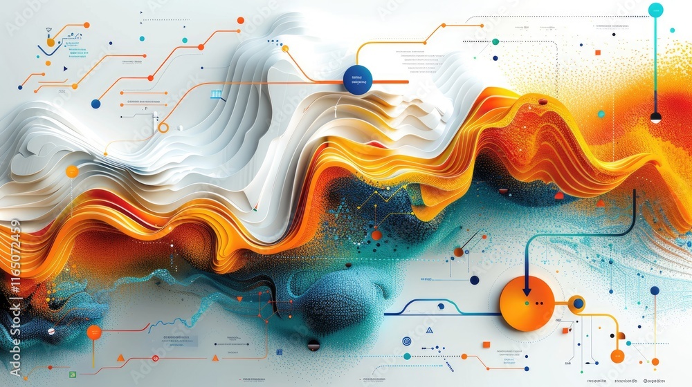 Poster abstract digital artwork featuring vibrant waves and data visualizations.