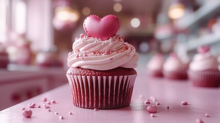 A delicious red velvet cupcake topped with a heart-shaped decoration, ideal for celebrations and romantic events.