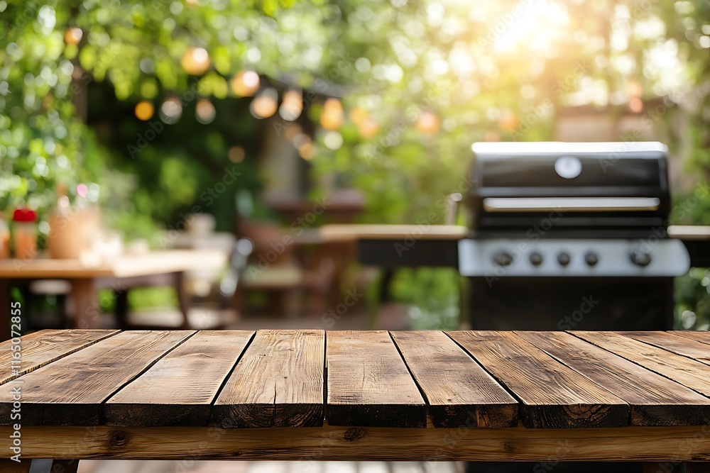 Poster empty wooden table and coffee shop blur background with bokeh image.