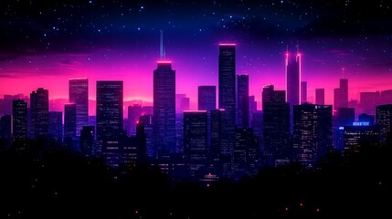 Naklejka premium Neon Cityscape Under Starry Night Sky