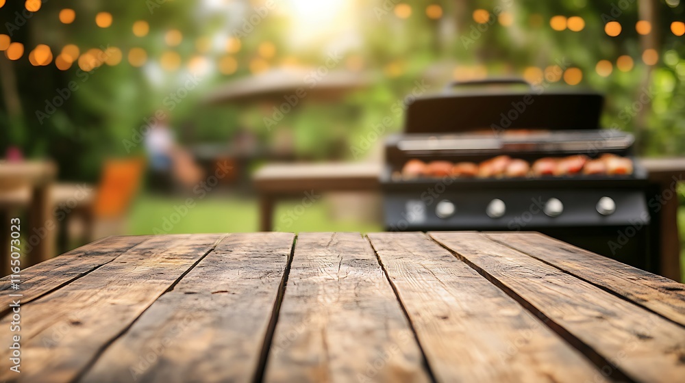 Poster empty wooden table and coffee shop blur background with bokeh image.