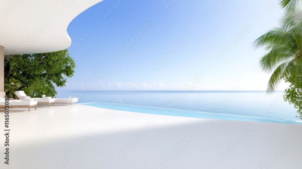 Poster serene beachfront view with modern architecture and tranquil waters.