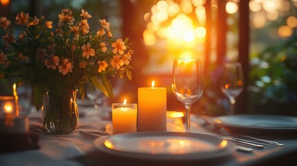 Romantic dinner scene with elegant decor and customizable text area