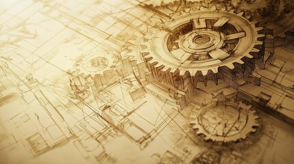 Naklejka premium Detailed Engineering Drawing of Gears in Abstract Perspective