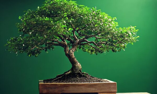 Lush green bonsai tree in a wooden pot against a green background. (1)