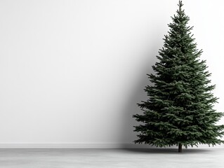 A lone tree in front of a white wall in an empty room