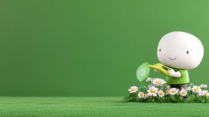 A character joyfully gardening among daisies on a green background.