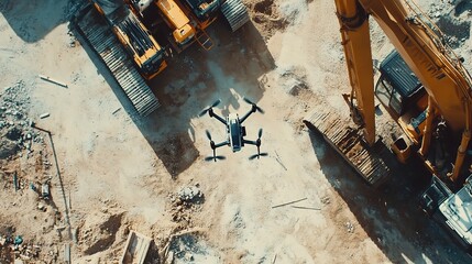 Fototapeta premium Drone Flying Over Construction Site with Heavy Machinery in Action