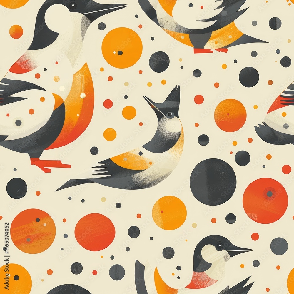 Poster a colorful pattern featuring stylized birds and circular shapes in vibrant hues.