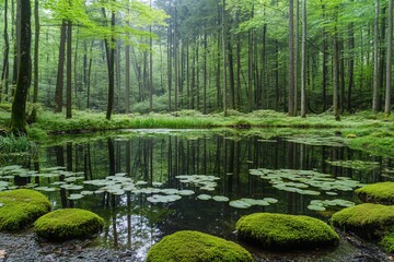 Obraz premium Serene forest pond with lily pads and moss-covered rocks.