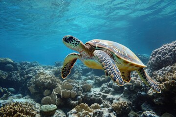 Obraz premium Colorful Sea Turtle Swimming Gracefully Among Vibrant Coral Reef in Clear Blue Ocean Waters