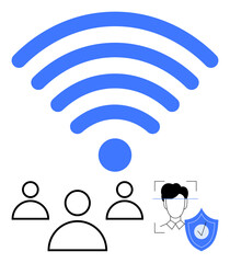 Large blue wireless signal, three user icons, facial recognition symbol, and shield with checkmark. Ideal for network security, connectivity, digital identity, data safety, authentication smart