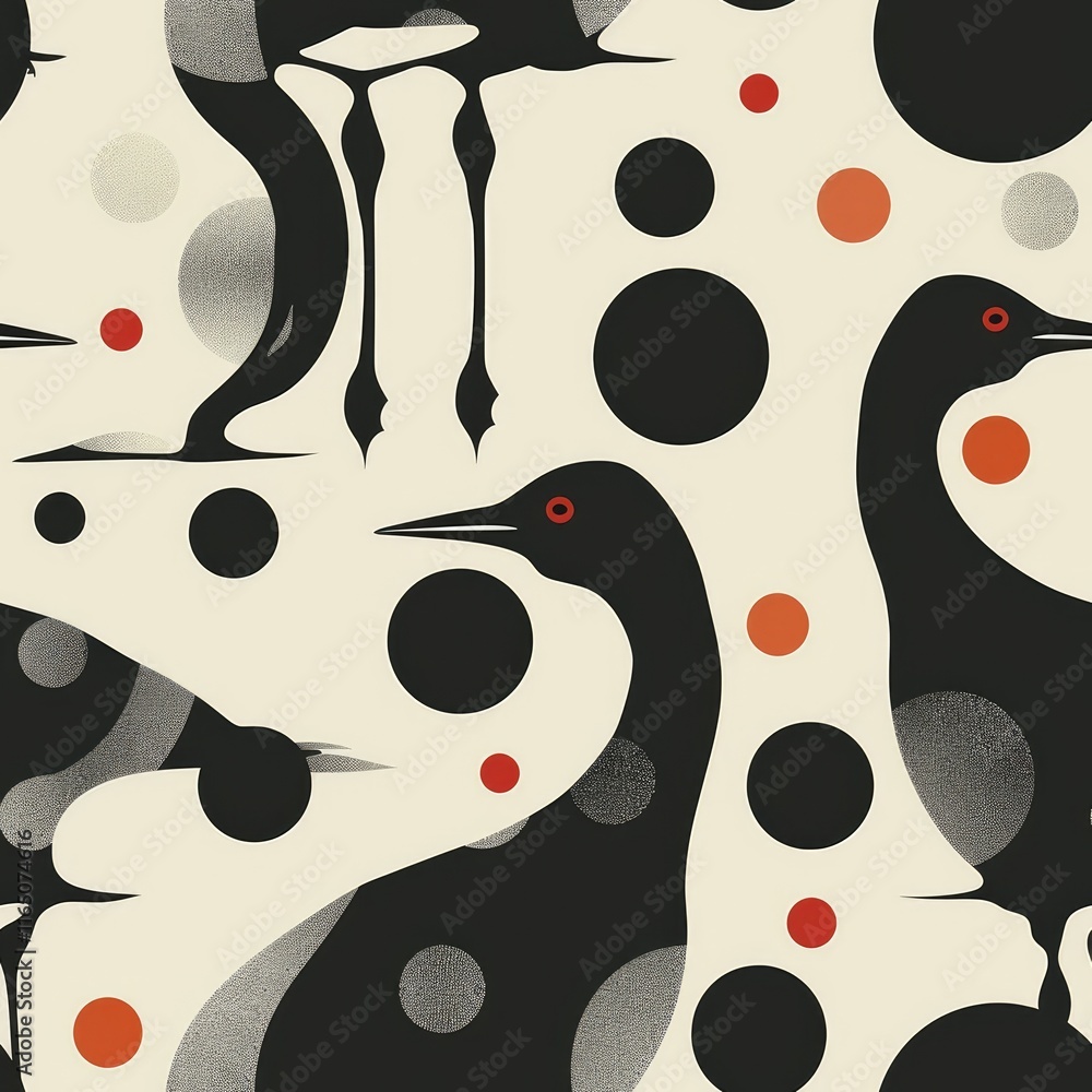 Poster abstract design featuring stylized birds and circular patterns in contrasting colors.