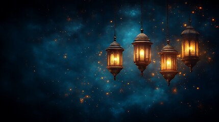 Fototapeta premium Illuminated Hanging Lanterns Against A Dark Starry Sky