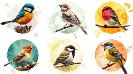 Fototapeta premium Six Watercolor Birds on Branches