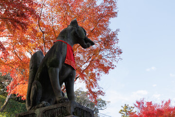 Inari Okami or Fox god statue in Fushimi Inari Taisha Shrine in Kyoto, Japan