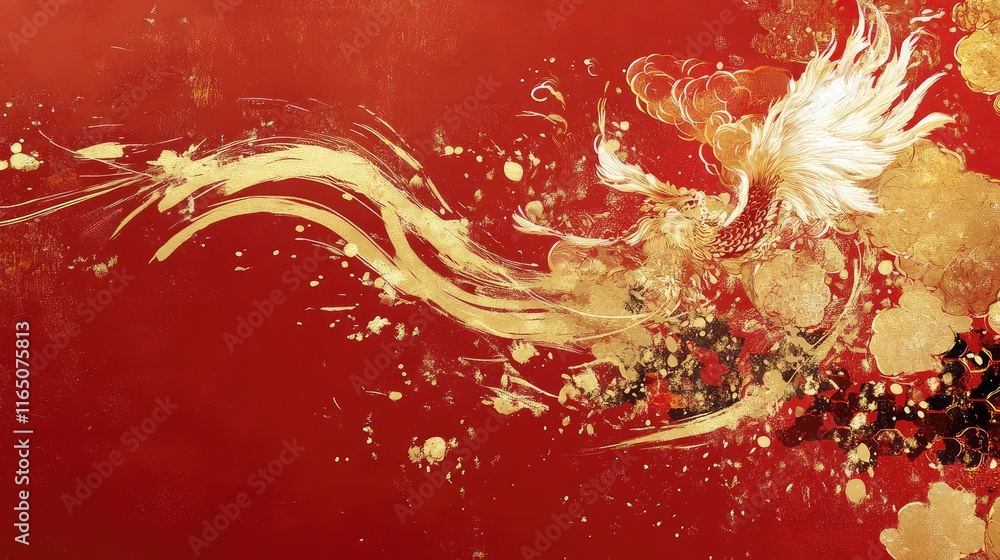 Aufkleber artistic abstract red envelope design with flowing gold brushstrokes and intricate patterns symboliz
