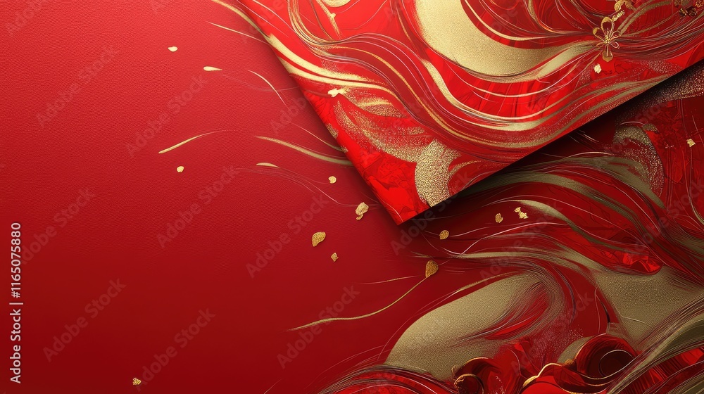 Fototapete artistic abstract red envelope design with flowing gold brushstrokes and intricate patterns symboliz
