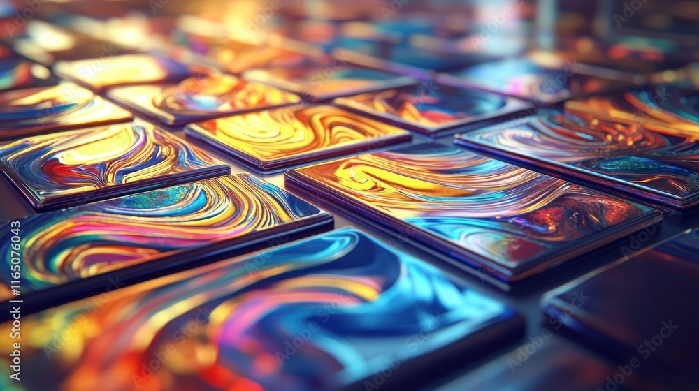 Wall mural abstract colorful swirls in metallic tiles.