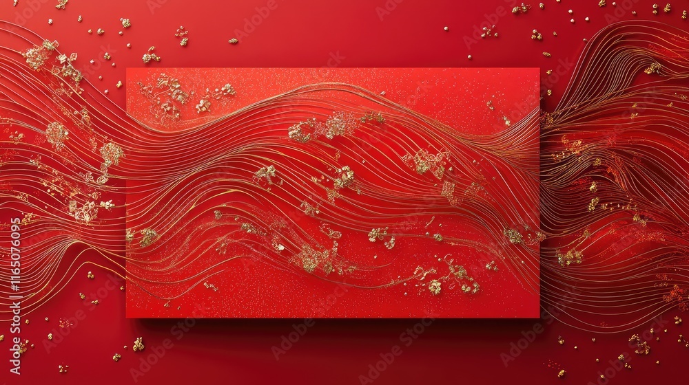 Poster artistic abstract red envelope with flowing lines and intricate gold details, merging tradition with